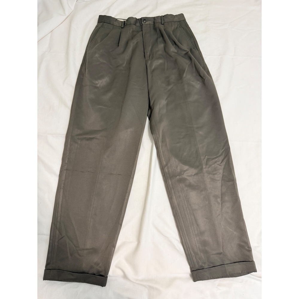 Claiborne Mens Pleated Microfiber Dress Pants Olive Gray Cuffed 34x32